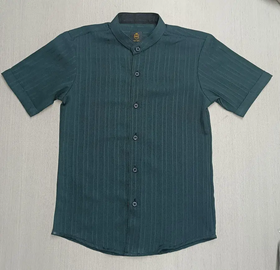 Teal band collar woven shirt made in Bangladesh
