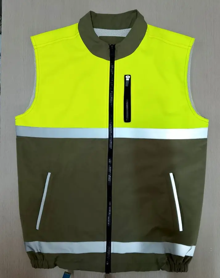 Olive and yellow hi-vis work vest made in Bangladesh